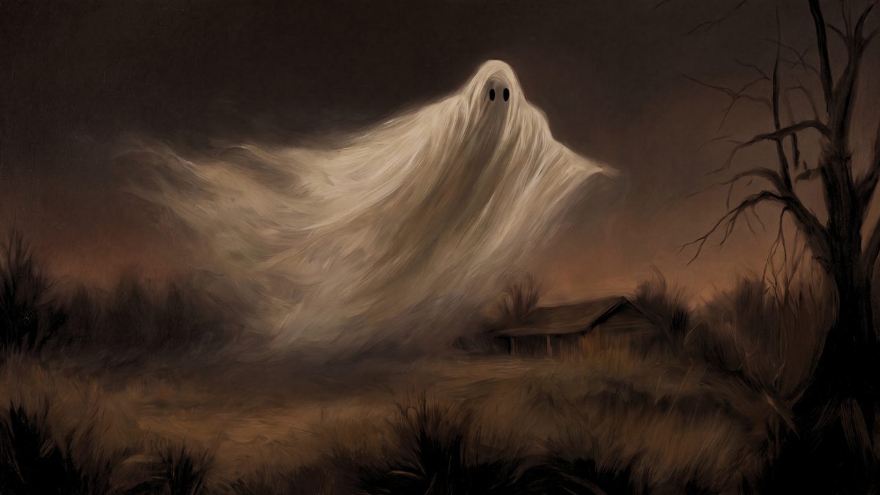 Fall Frame TV Art, Vintage Autumn Oil Painting (Ghost Floating Over Field)