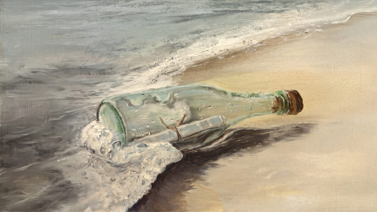 Nautical Frame TV Art, Coastal Oil Painting (Message in a Bottle)