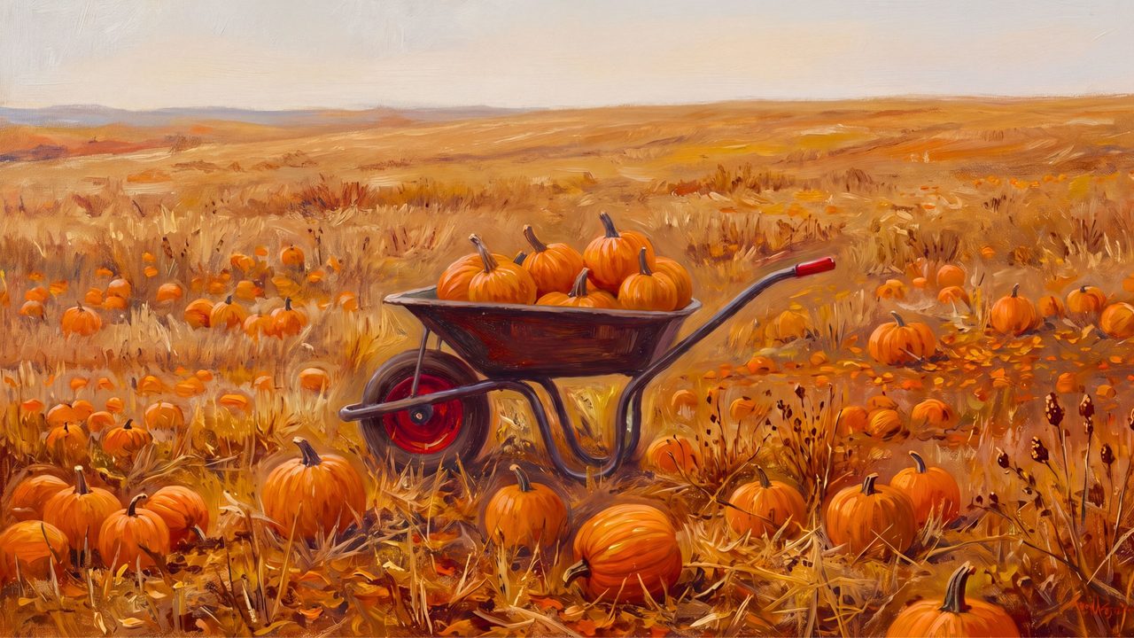 Fall Frame TV Art, Vintage Autumn Oil Painting (Wheelbarrow of Pumpkins)