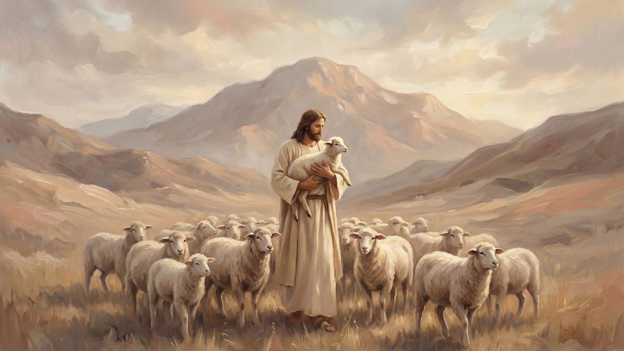 Christian Frame TV Art, Jesus Religious Oil Painting (Good Shepherd with Flock)