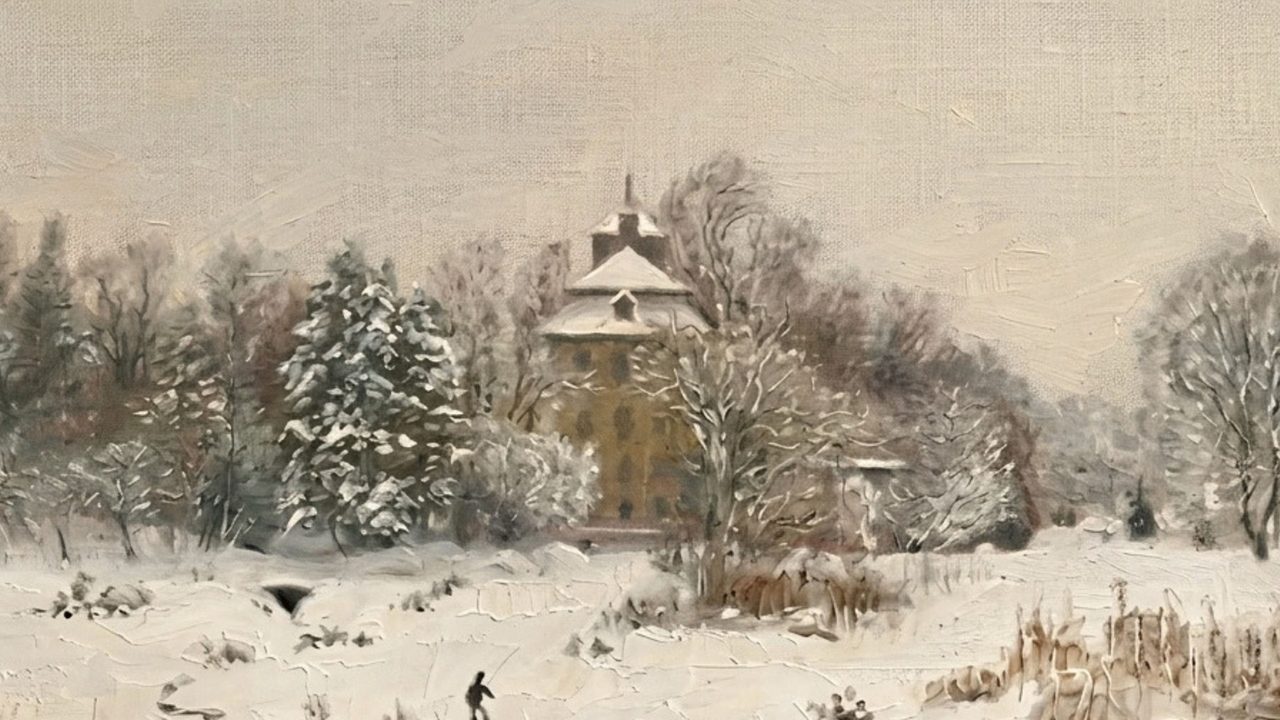 Christmas Frame TV Art, Vintage Holiday Oil Painting (Manor in Snowy Landscape)