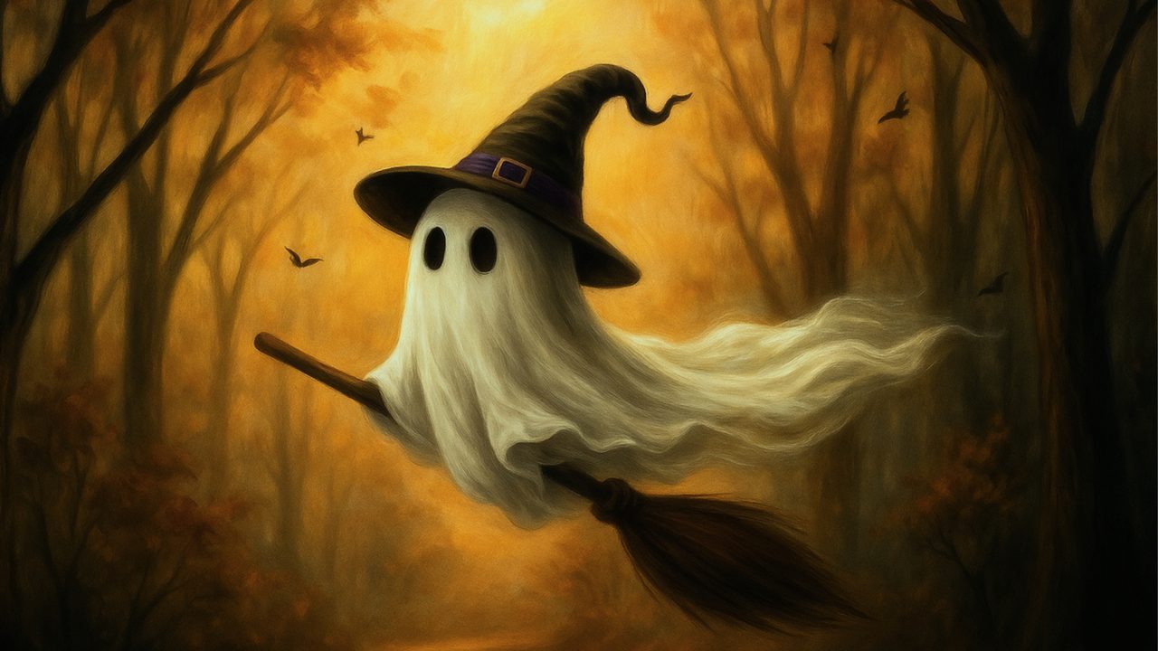 Halloween Frame TV Art, Vintage Moody Oil Painting (Ghost Witch on Broomstick)
