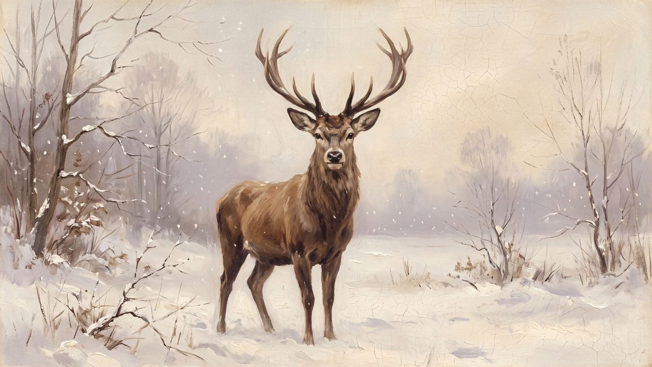 Christmas Frame TV Art, Vintage Holiday Oil Painting (Stag in Snowy Field)
