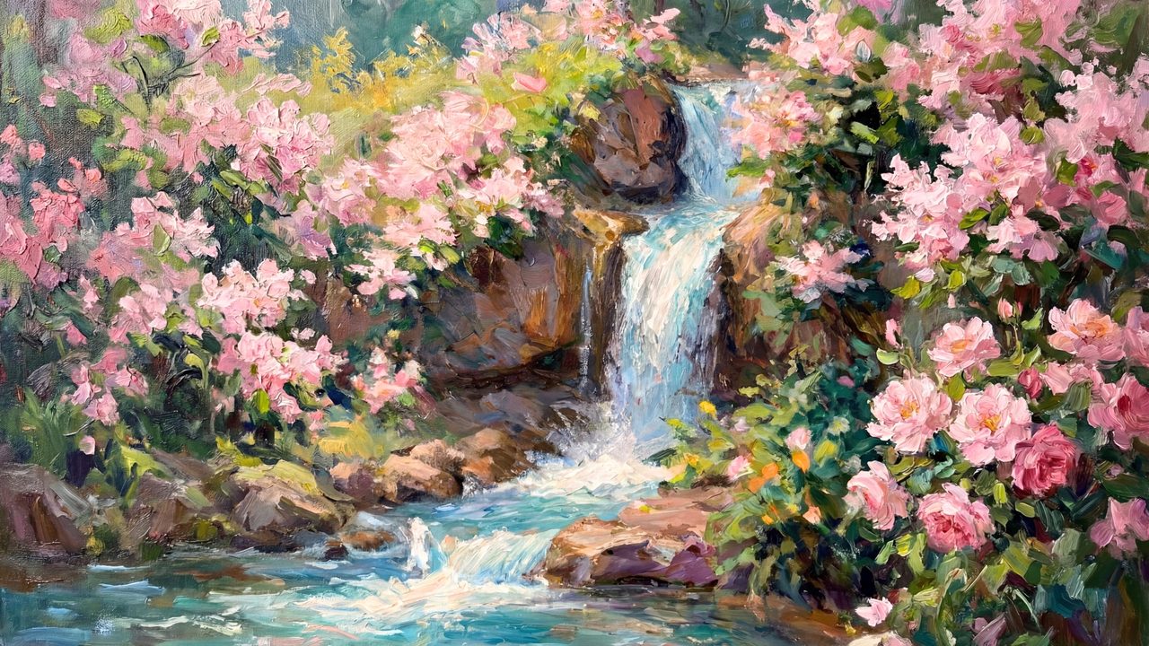 Spring Frame TV Art, Vintage Floral Landscape Oil Painting (Waterfall Among Pink Blossoms)