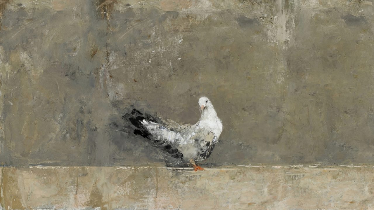 Vintage Frame TV Art, Antique Landscape Oil Painting (White Dove on Ledge)