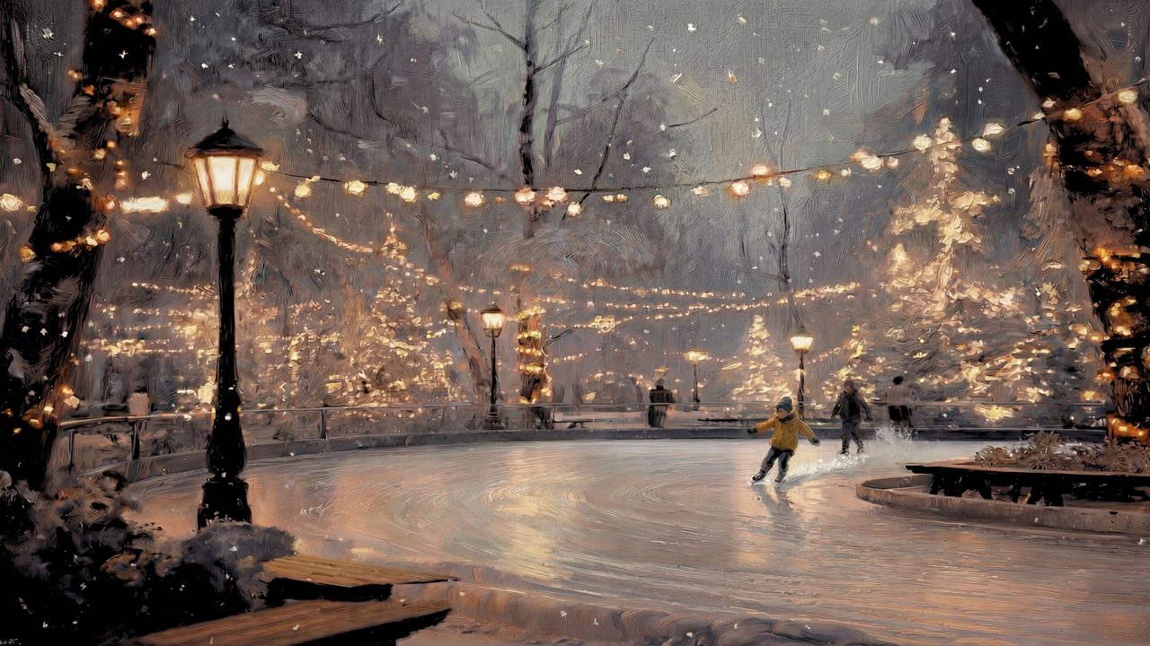 Christmas Frame TV Art, Vintage Holiday Oil Painting (Ice Rink with Lamp Post)
