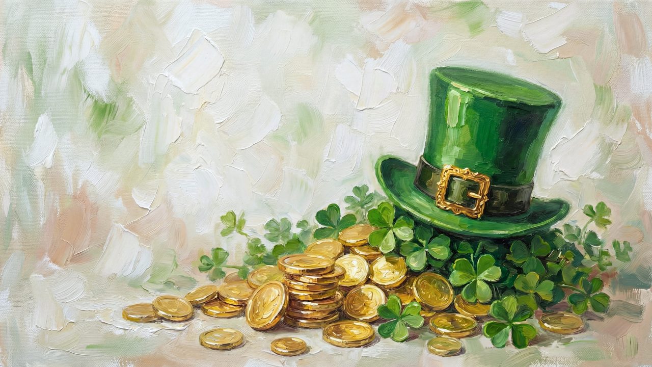 St. Patrick's Day Frame TV Art, Irish Clover Oil Painting (Leprechaun Hat and Gold Coins)