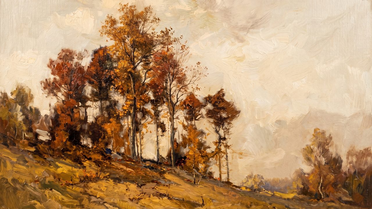 Fall Frame TV Art, Vintage Autumn Oil Painting (Autumn Trees on Hillside)