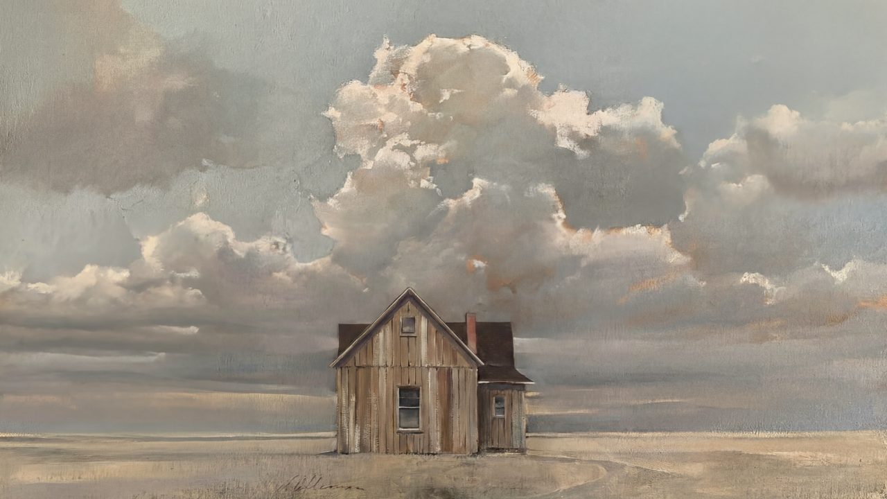 Vintage Frame TV Art, Antique Landscape Oil Painting (Wooden Cabin Under Clouds)