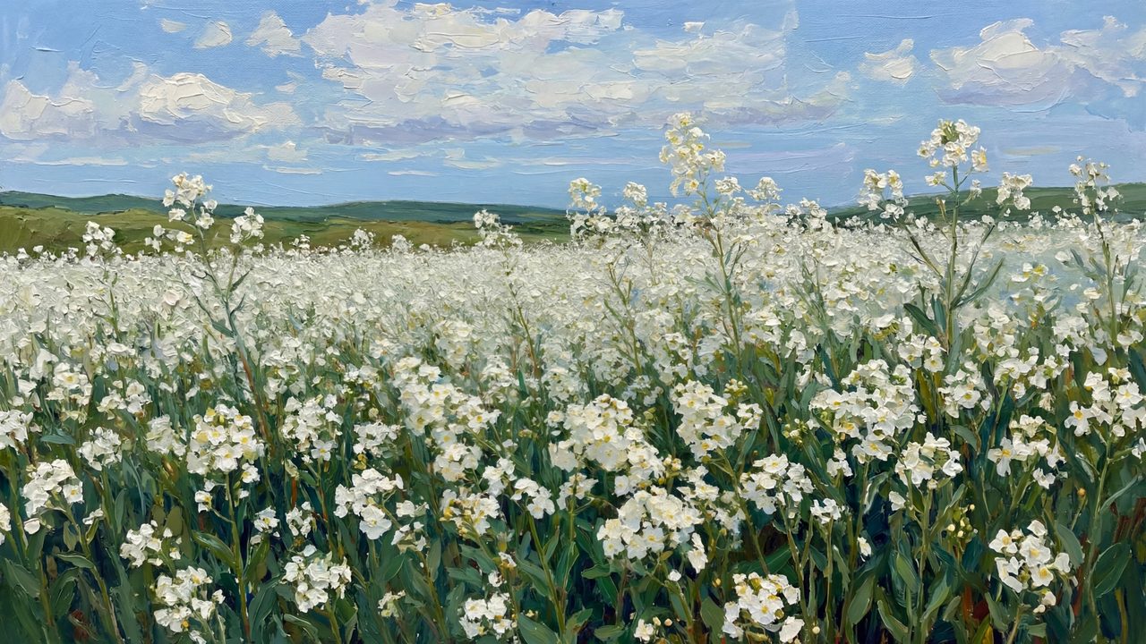 Spring Frame TV Art, Vintage Floral Landscape Oil Painting (White Flower Field)