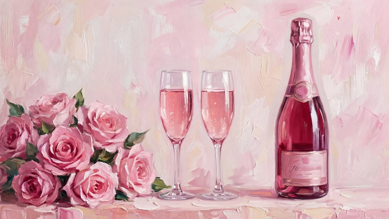 Valentine Frame TV Art, Romantic Vintage Oil Painting (Pink Champagne and Roses)