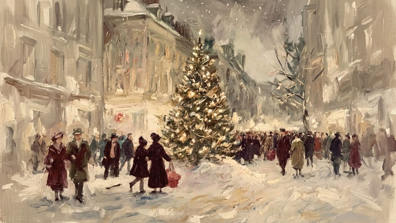 Christmas Frame TV Art, Vintage Holiday Oil Painting (Crowd by Town Christmas Tree)