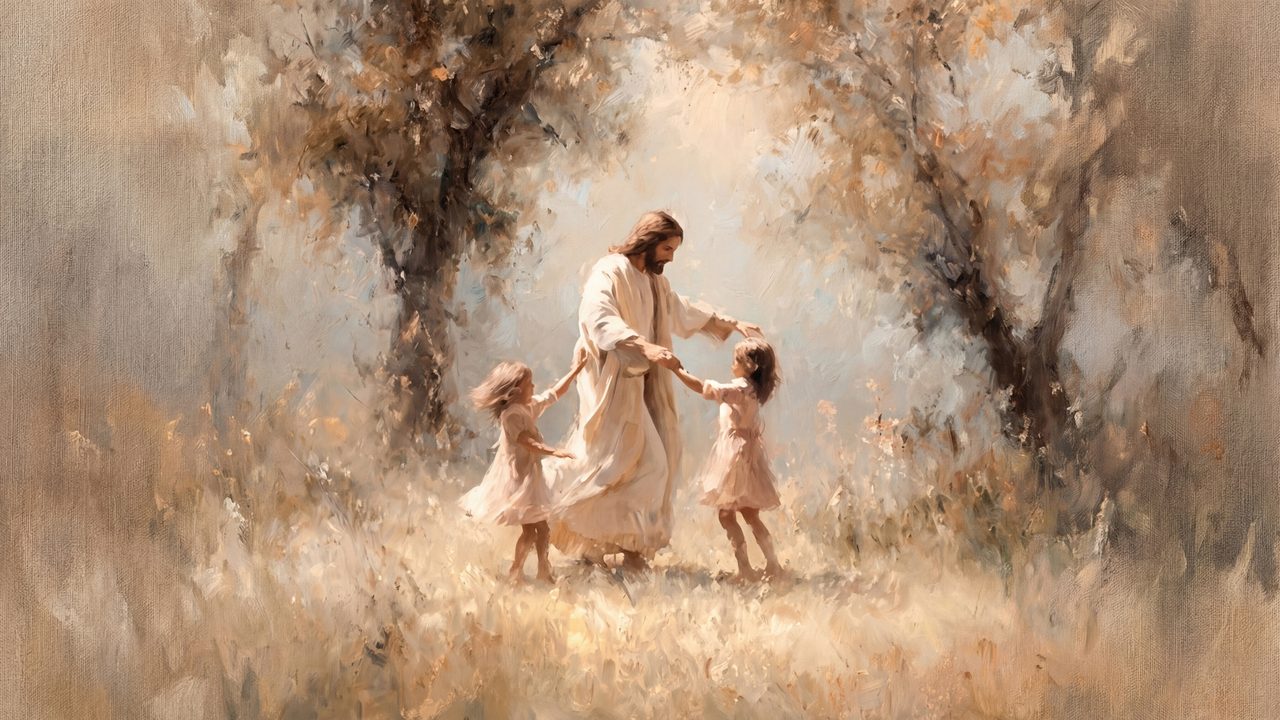 Christian Frame TV Art, Jesus Religious Oil Painting (Jesus with Dancing Children)