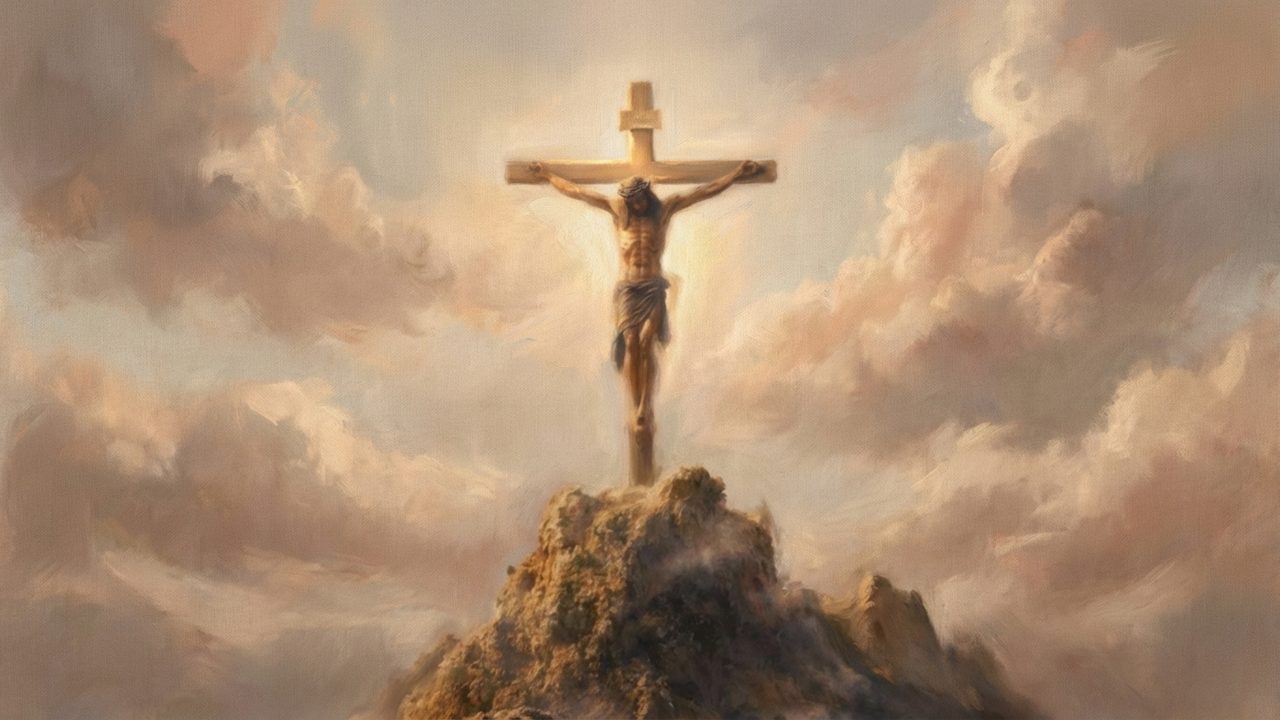 Christian Frame TV Art, Jesus Religious Oil Painting (Crucifix on Hilltop)