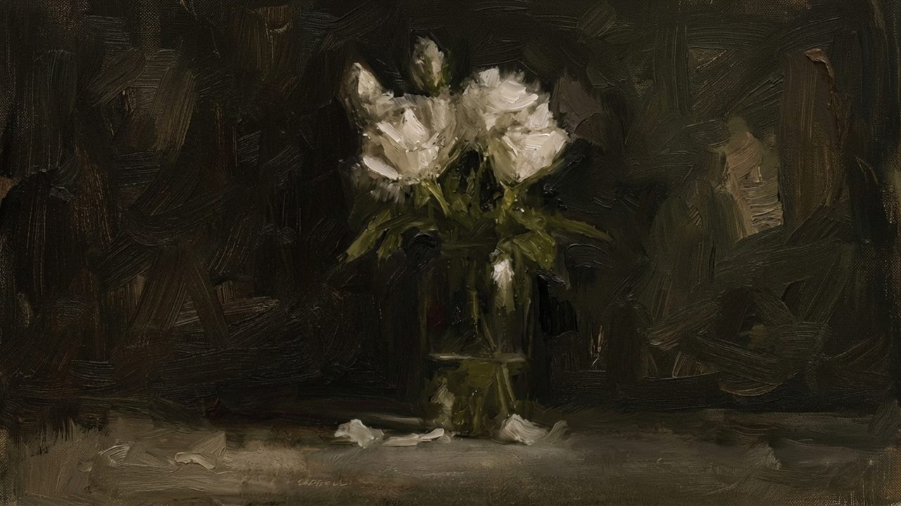 Dark Academia Frame TV Art, Moody Vintage Oil Painting (White Peonies in Glass Vase)