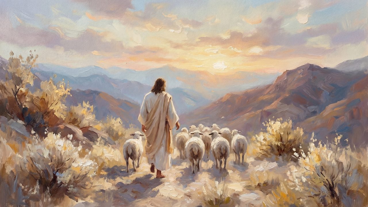 The Good Shepherd Samsung Frame TV Art, Jesus Leading Sheep in Mountains Screen Decor, Christian Religious Oil Painting