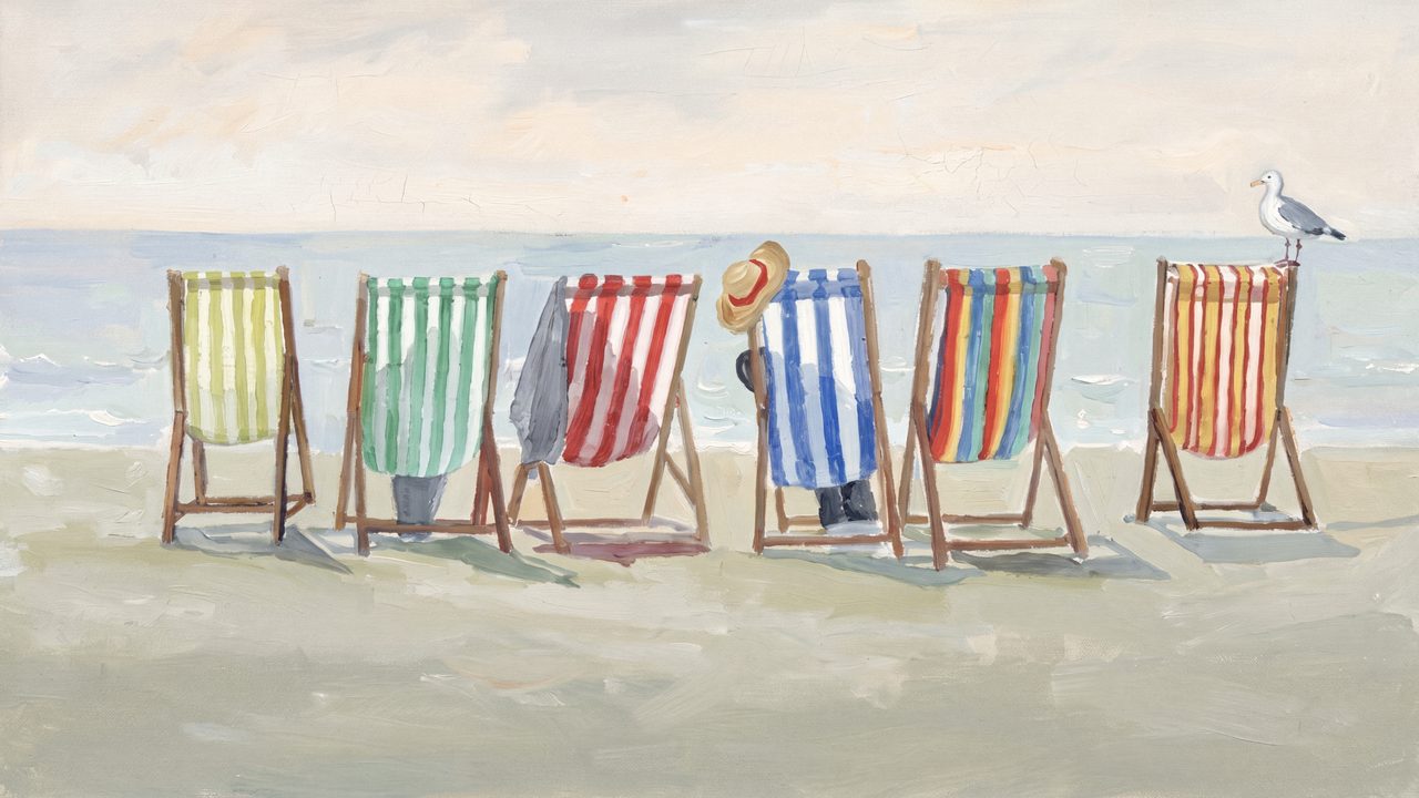 Summer Frame TV Art, Coastal Beach Oil Painting (Striped Deck Chairs with Seagull)