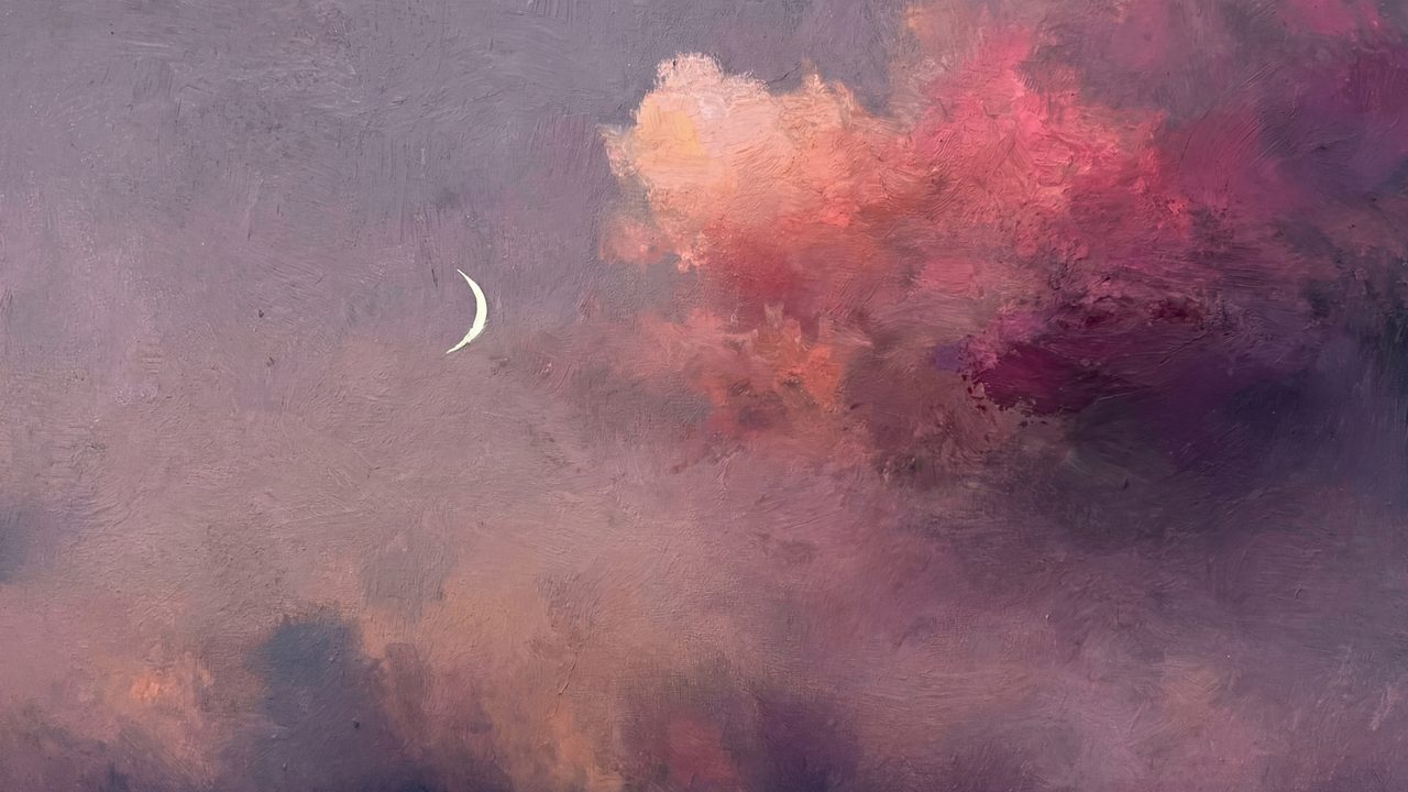 Valentine Frame TV Art, Romantic Vintage Oil Painting (Crescent Moon in Pink Clouds)