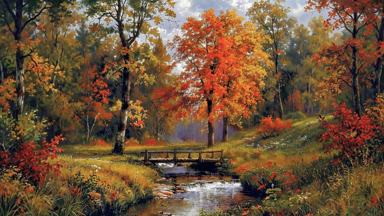 Fall Frame TV Art, Vintage Autumn Oil Painting (Footbridge in Autumn Woods 2)