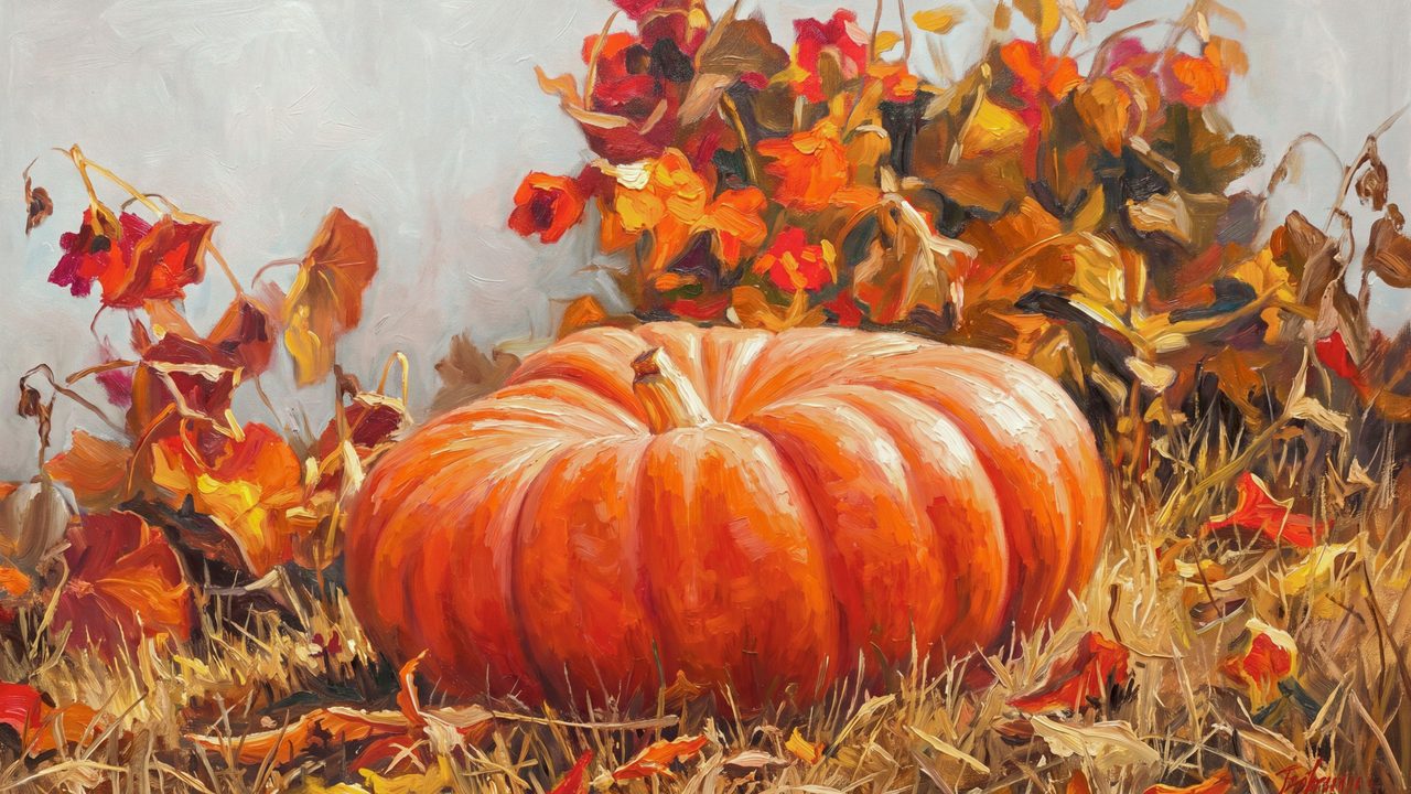 Fall Frame TV Art, Vintage Autumn Oil Painting (Orange Pumpkin Under Red Leaves)