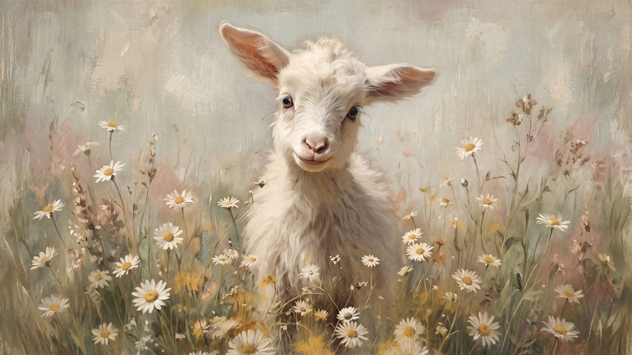 Easter Frame TV Art, Pastel Spring Oil Painting (Lamb in Daisy Field)