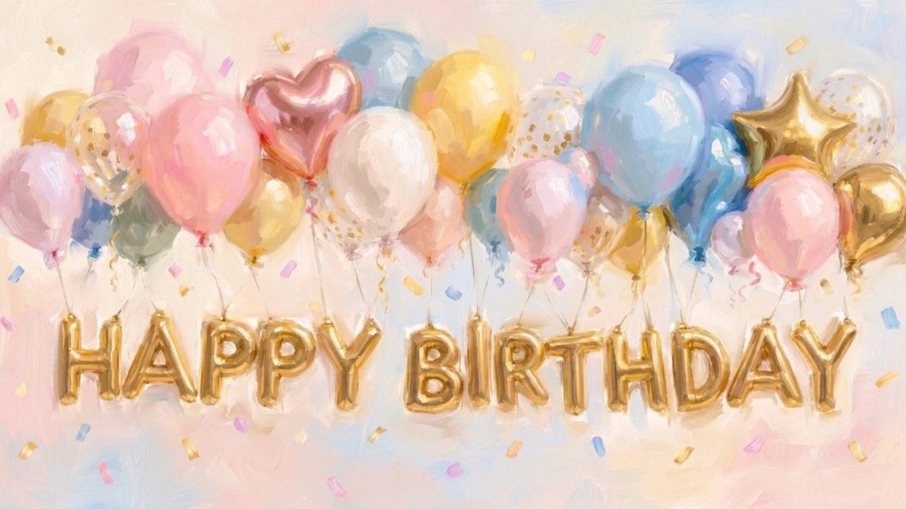 Happy Birthday Frame TV Art, Colorful Party TV Background (Gold Birthday with Balloons)