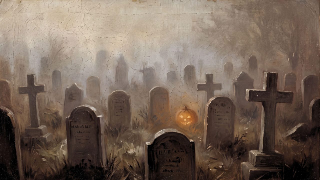 Halloween Frame TV Art, Vintage Moody Oil Painting (Graveyard with Jack-o-Lantern)
