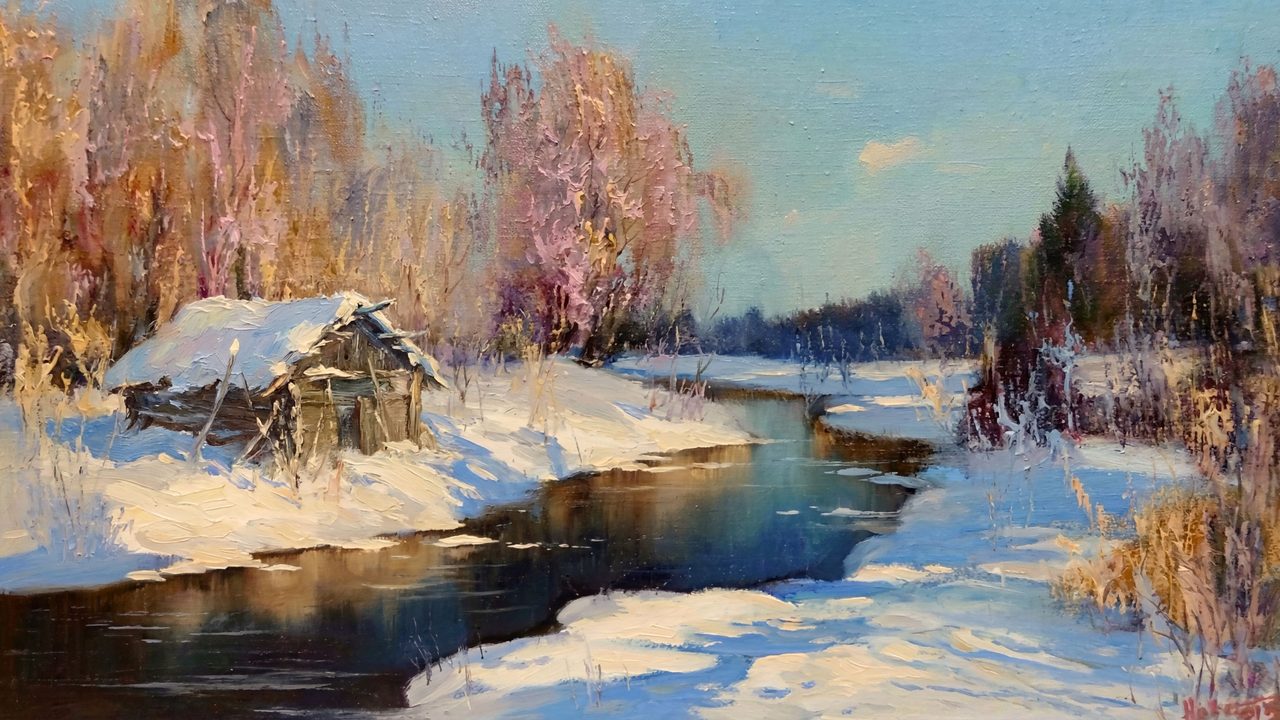 Christmas Frame TV Art, Vintage Holiday Oil Painting (Winter Stream and Old Barn)