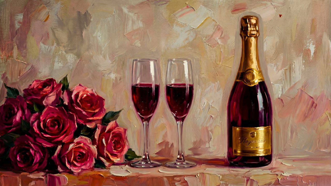 Valentine Frame TV Art, Romantic Vintage Oil Painting (Roses with Wine and Champagne)