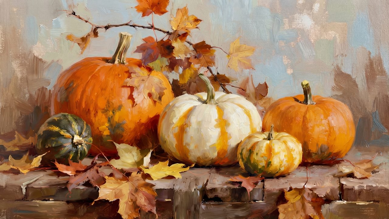 Fall Frame TV Art, Vintage Autumn Oil Painting (Pumpkins with Autumn Leaves)