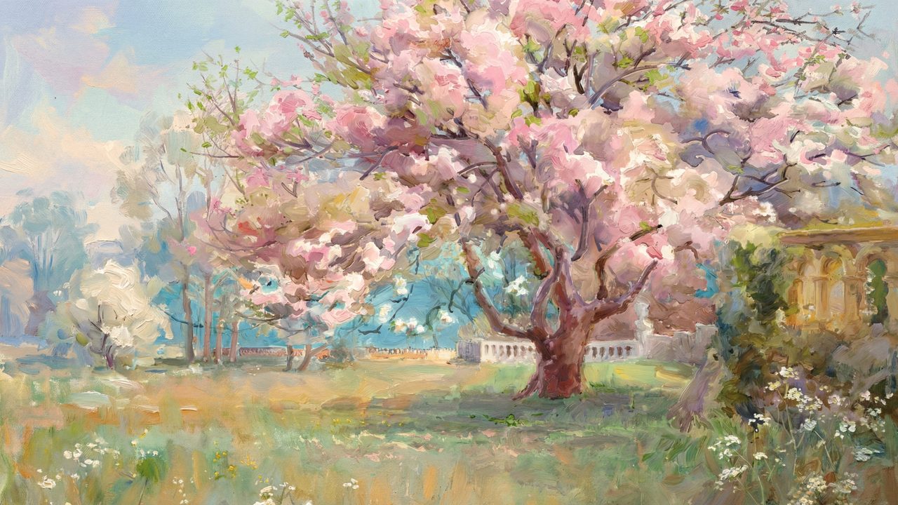 Spring Frame TV Art, Vintage Floral Landscape Oil Painting (Pink Blossom Tree by Terrace)