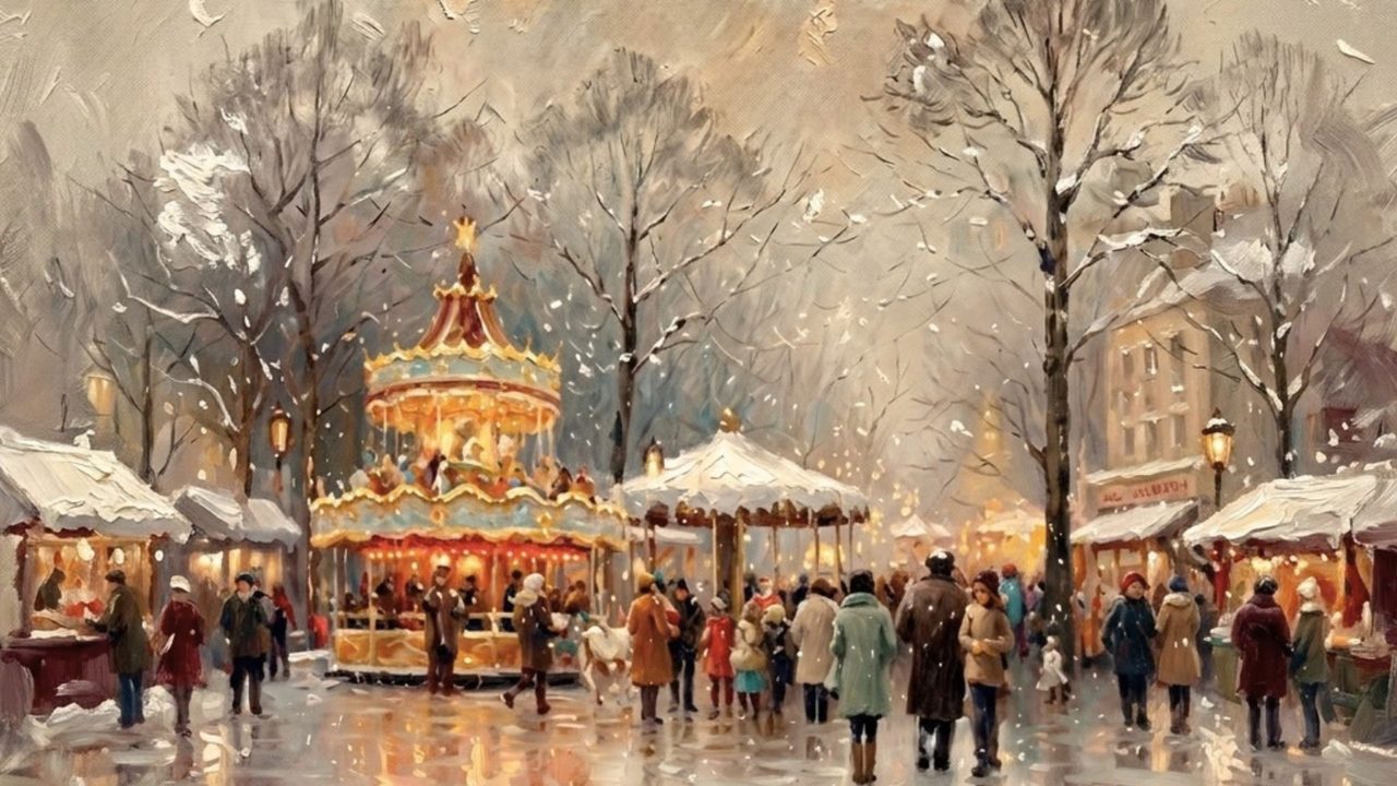 Christmas Frame TV Art, Vintage Holiday Oil Painting (Carousel at Christmas Market)