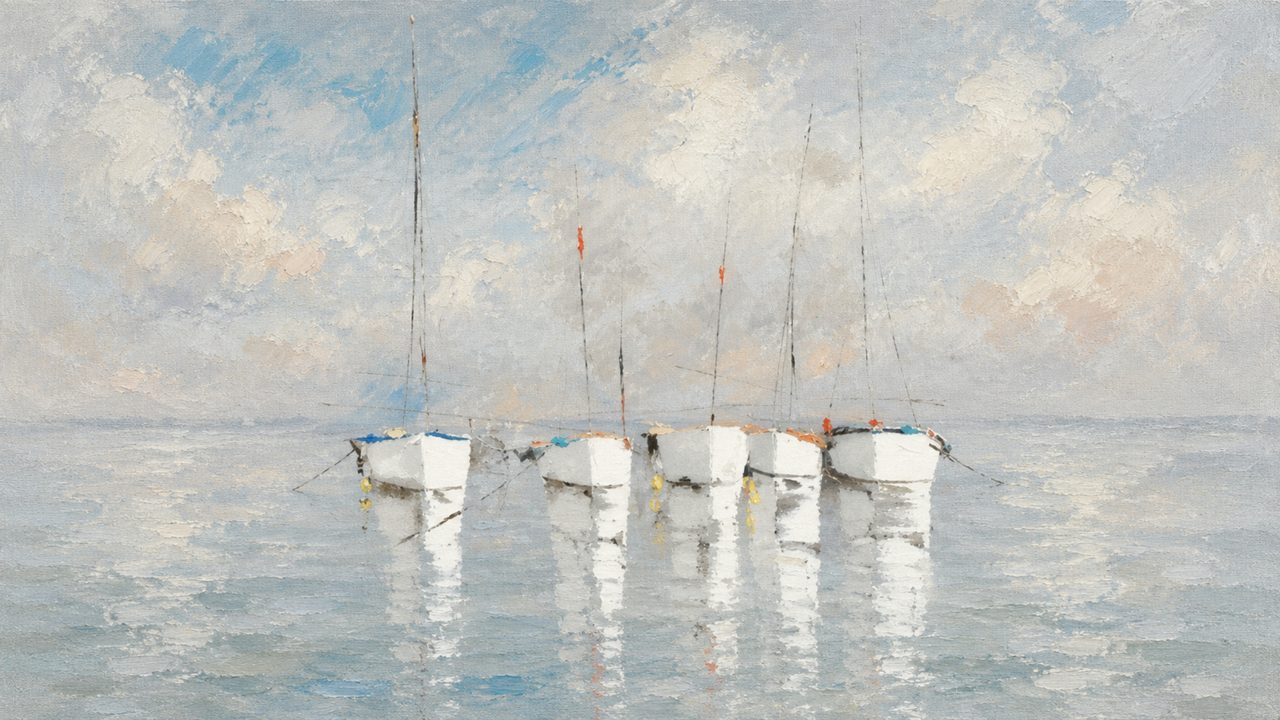 Summer Frame TV Art, Coastal Beach Oil Painting (Moored Sailboats in Calm Bay)