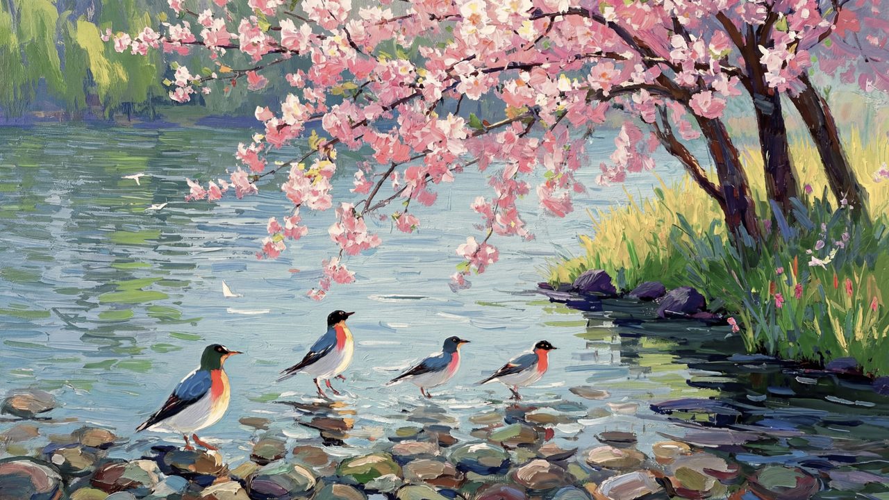 Spring Frame TV Art, Vintage Floral Landscape Oil Painting (Birds on Stones by Pond)