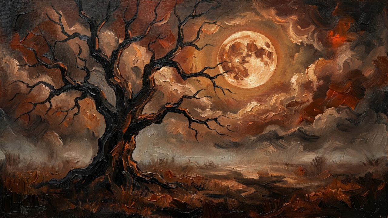 Halloween Frame TV Art, Vintage Moody Oil Painting (Gnarled Tree Under Full Moon)