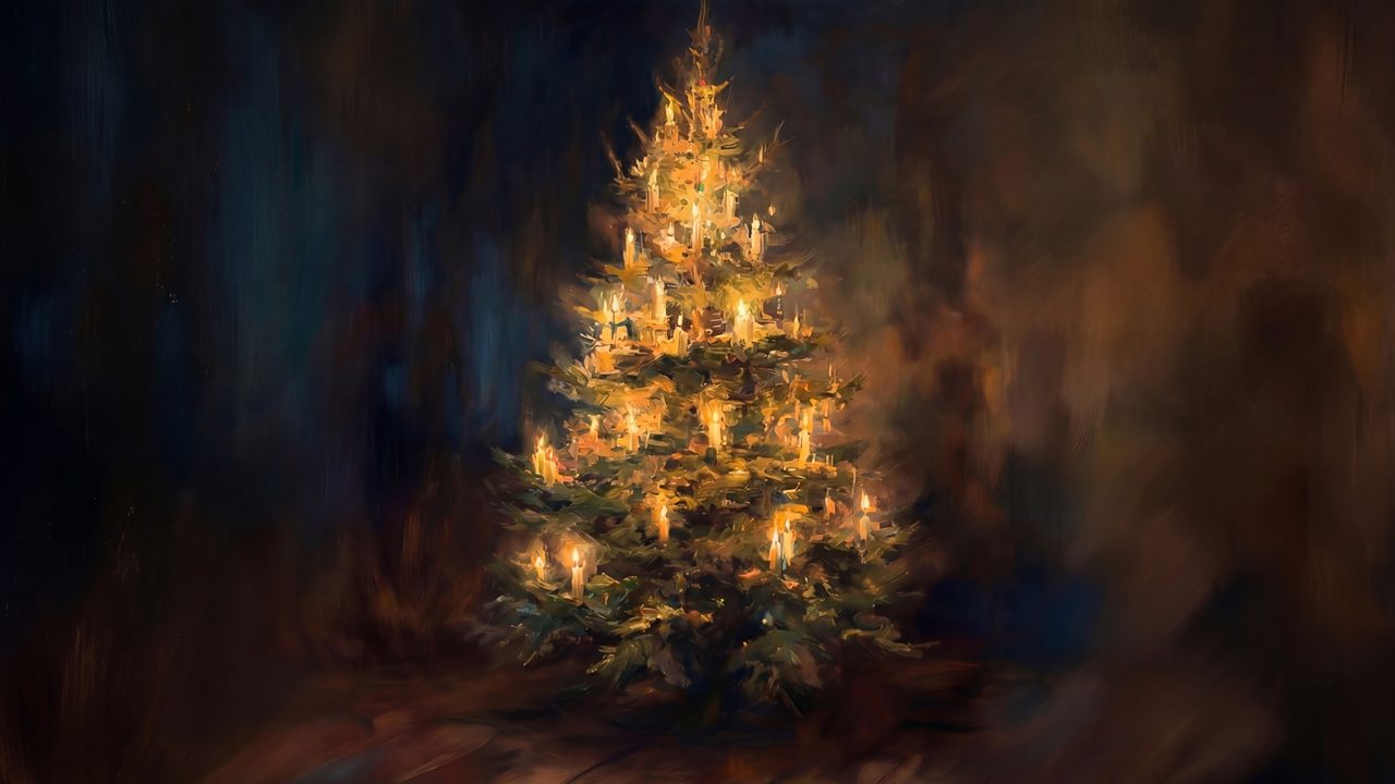 Samsung Frame TV Christmas Tree Art • Moody Candlelit Christmas Tree Painting, Elegant Holiday Wall Art