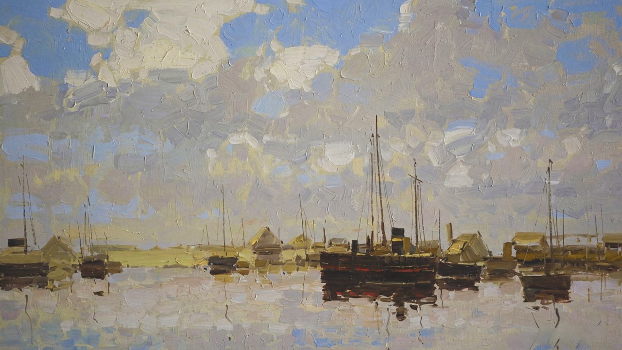 Vintage Frame TV Art, Antique Landscape Oil Painting (Boats in Harbor)