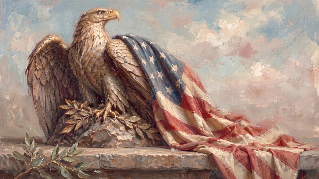 4th of July Frame TV Art, Patriotic American Oil Painting (Eagle Statue with Flag Drape)
