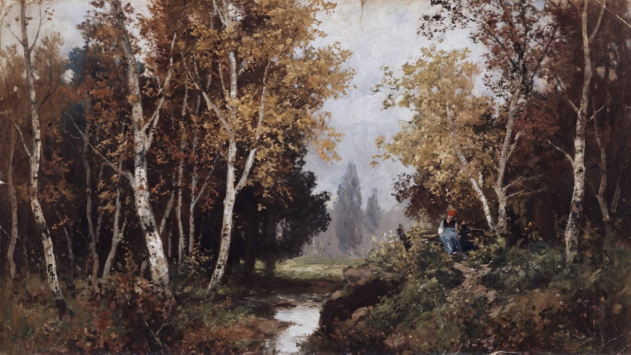 Vintage Frame TV Art, Antique Landscape Oil Painting (Autumn Birch Forest Stream)