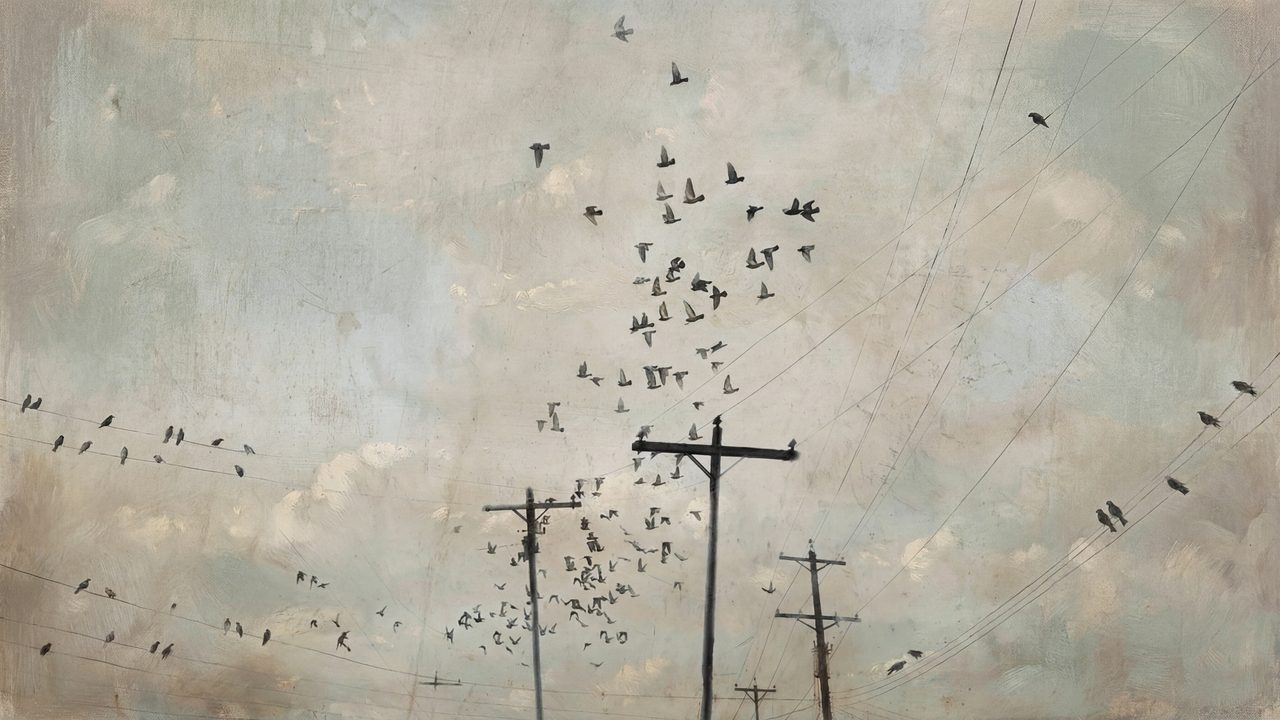 Vintage Frame TV Art, Antique Landscape Oil Painting (Birds Over Telephone Poles)