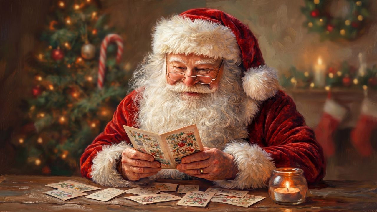 Christmas Frame TV Art, Vintage Holiday Oil Painting (Santa Reading Letters)