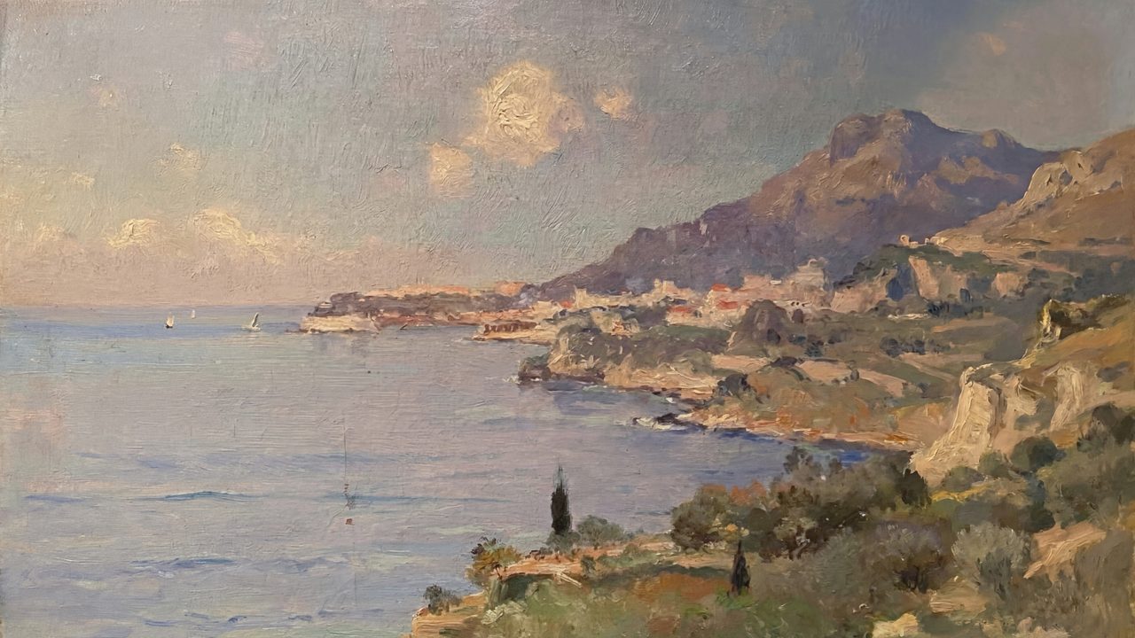 Vintage Frame TV Art, Antique Landscape Oil Painting (Coastal Cliffs and Town)