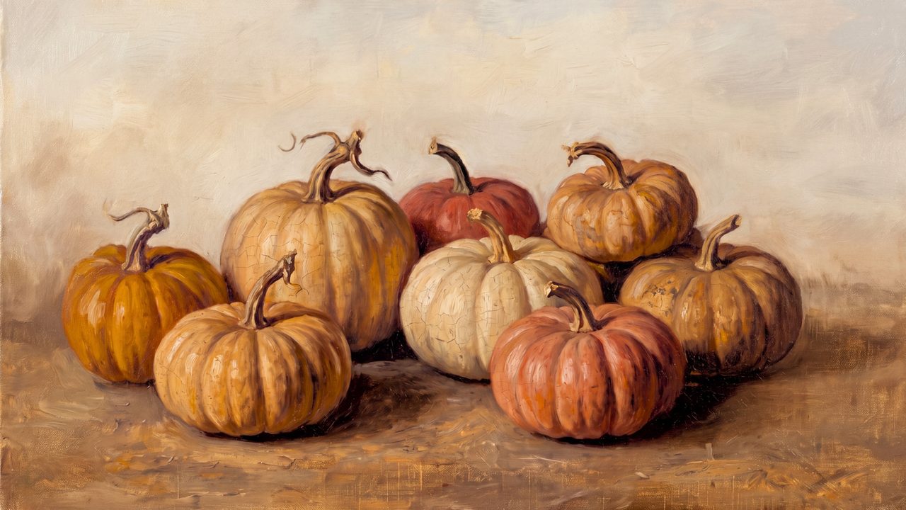Fall Frame TV Art, Vintage Autumn Oil Painting (Pile of Pumpkins)
