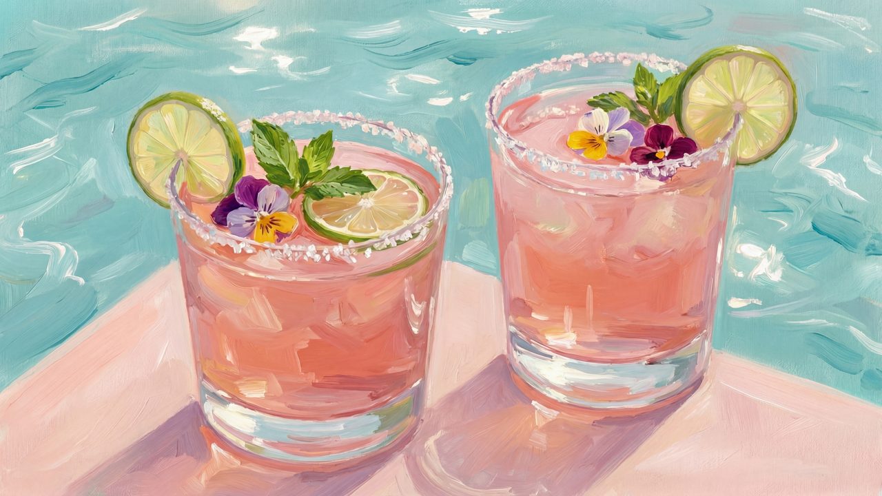Summer Frame TV Art, Coastal Beach Oil Painting (Pink Cocktails with Lime)