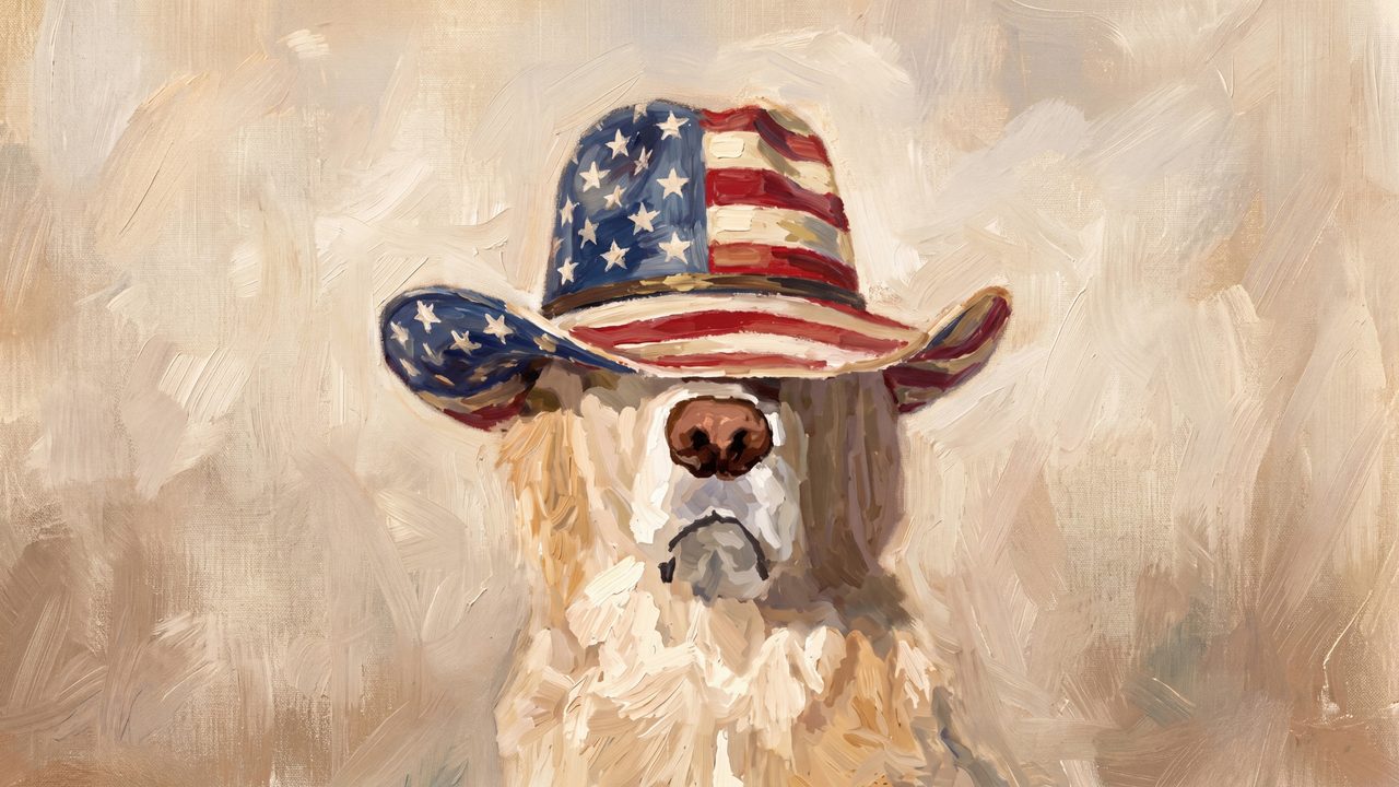4th of July Frame TV Art, Patriotic American Oil Painting (Dog in Stars and Stripes Hat)