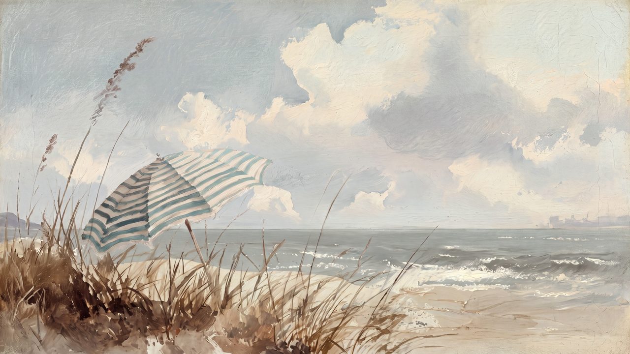 Summer Frame TV Art, Coastal Beach Oil Painting (Beach Umbrella in Dune Grass)