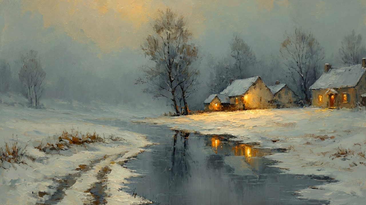 Christmas Frame TV Art, Vintage Holiday Oil Painting (Glowing Cottages by River)