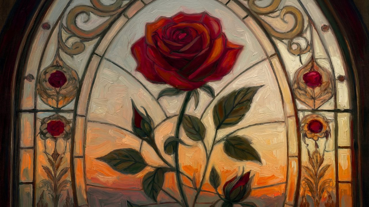 Valentine Frame TV Art, Romantic Vintage Oil Painting (Red Rose Stained Glass)