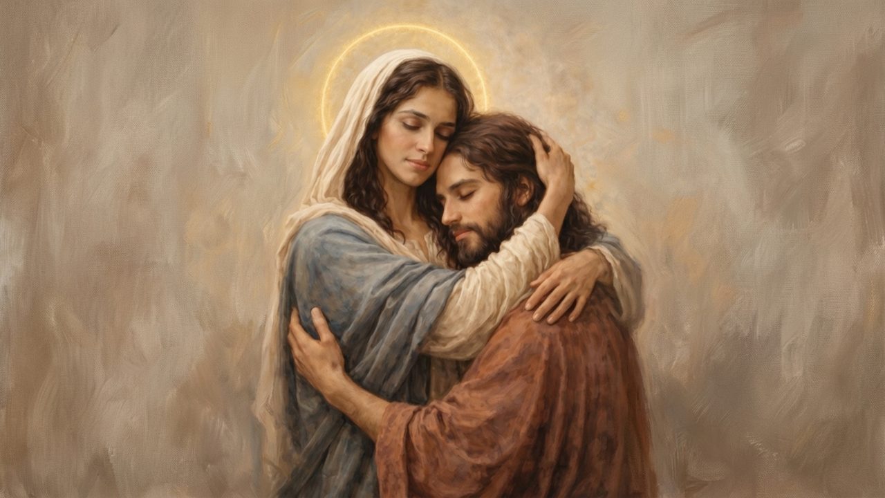 Christian Frame TV Art, Jesus Religious Oil Painting (Mary Embracing Jesus)