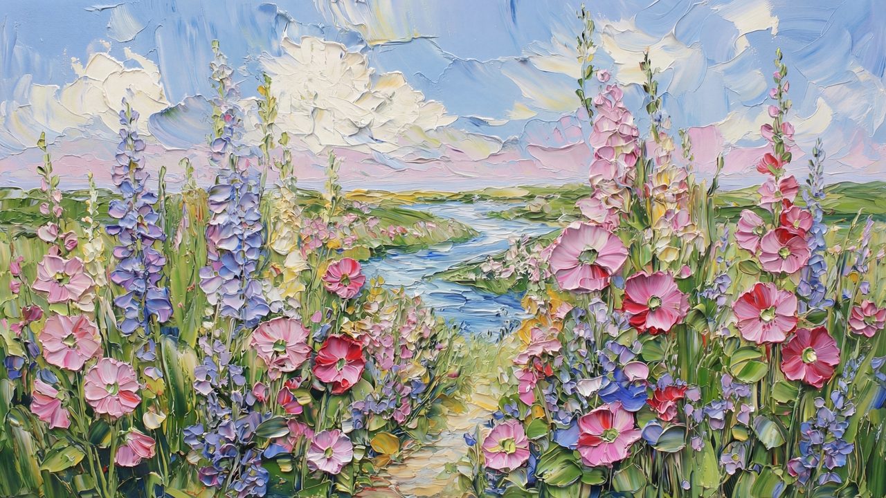 Spring Frame TV Art, Vintage Floral Landscape Oil Painting (Foxgloves and Lupines by Stream)